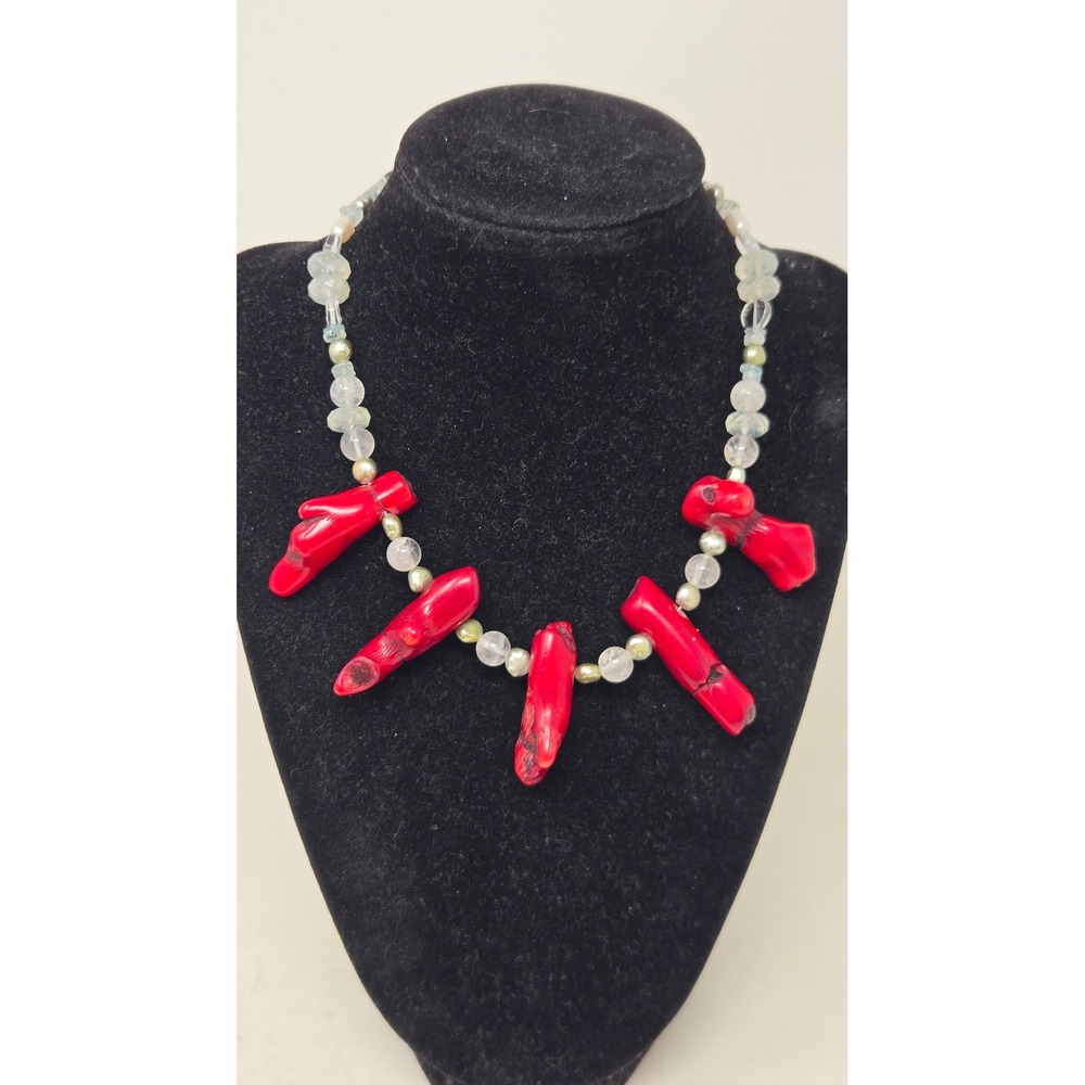 Red Branch Coral Pearl Quartz Beaded Statement Necklace Silver Tone S-Hook 15"